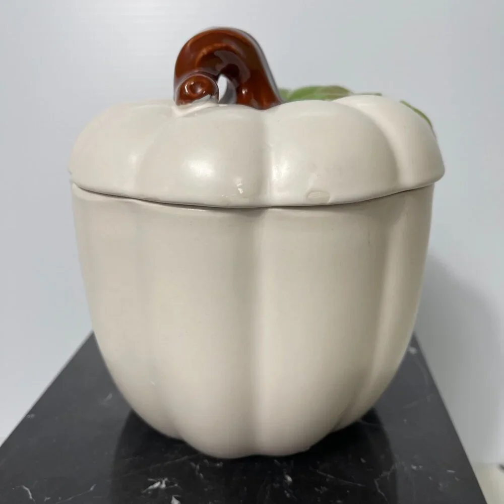 White Pumpkin Ceramic Cookie Jar,‎ Candy Jar, Canister Fall Theme Or Halloween